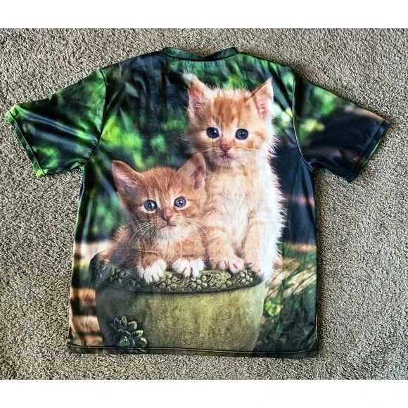 Twin Kittens T-Shirt Men's Large Green Short Sleeve - Picture 3 of 6